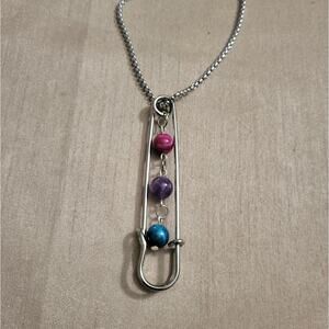 Safety pin bi pride flag beaded necklace, blue & pink tiger's eye with amethyst